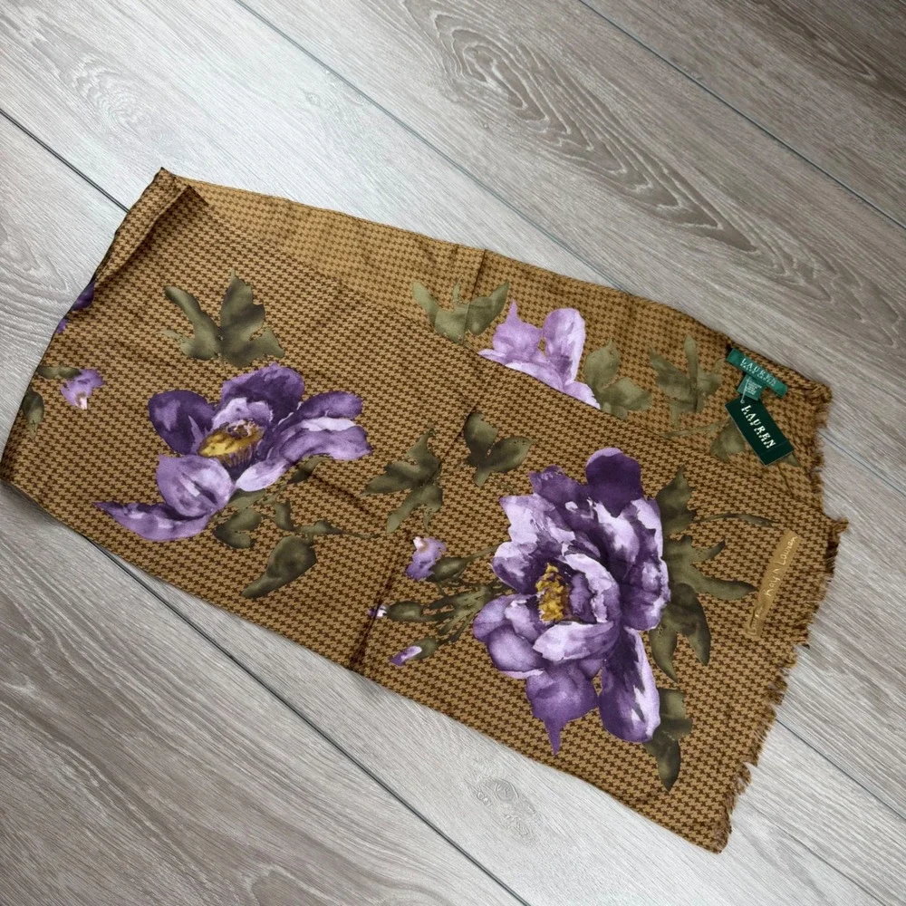 Lauren Ralph Lauren Womens Scarf Silk Floral Houndstooth Brown Purple OS